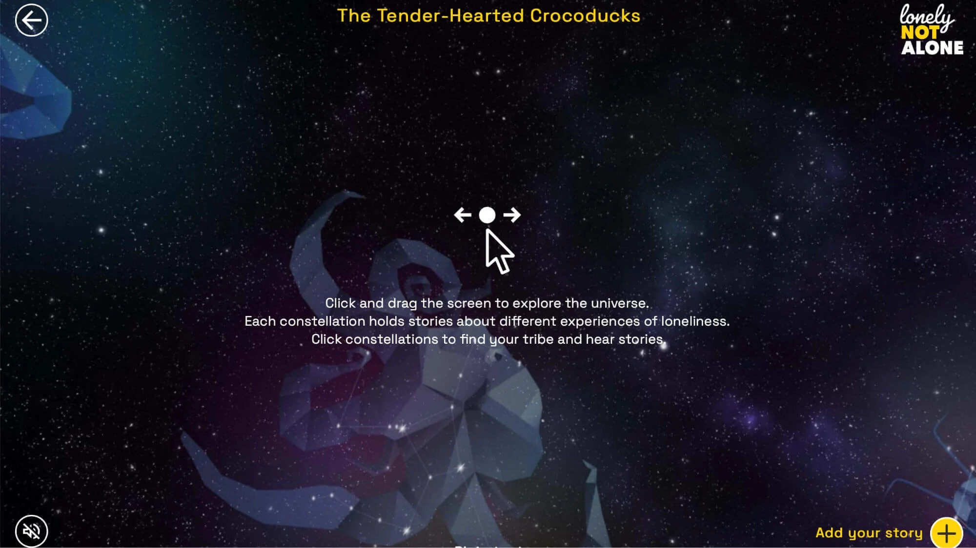 Screen showing Lonely Not Alone and how to navigate it instructions 