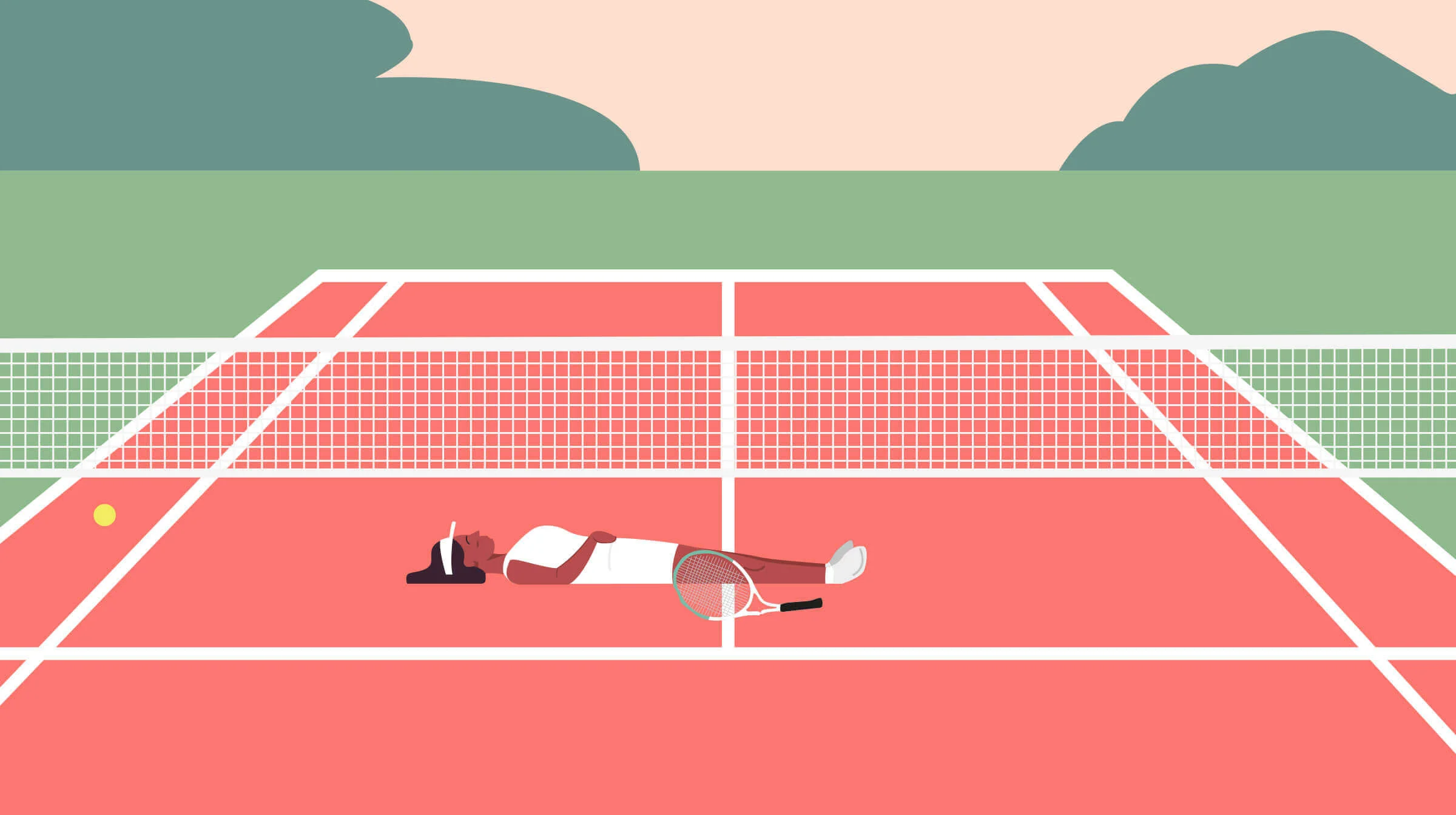  Graphic of a scene of a tennis court with a peron laying on the floor