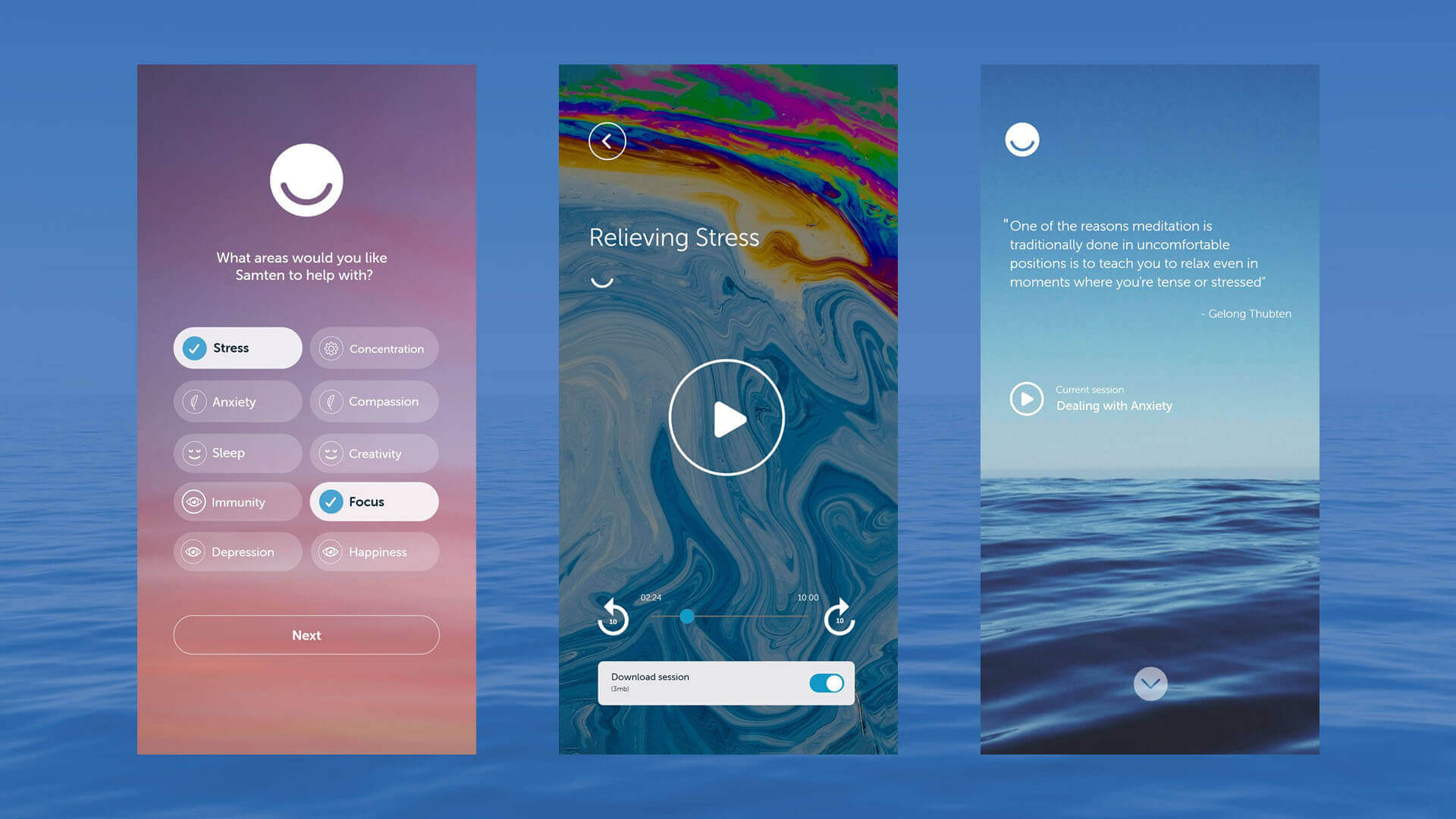  Screens of the Samten mindfulness app