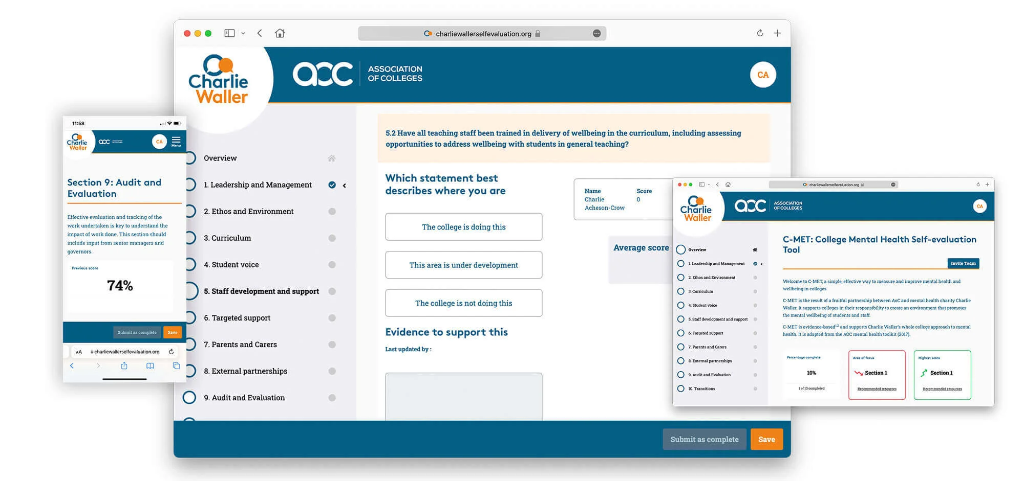 C-MET self evaluation tool screenshots desktop and mobile