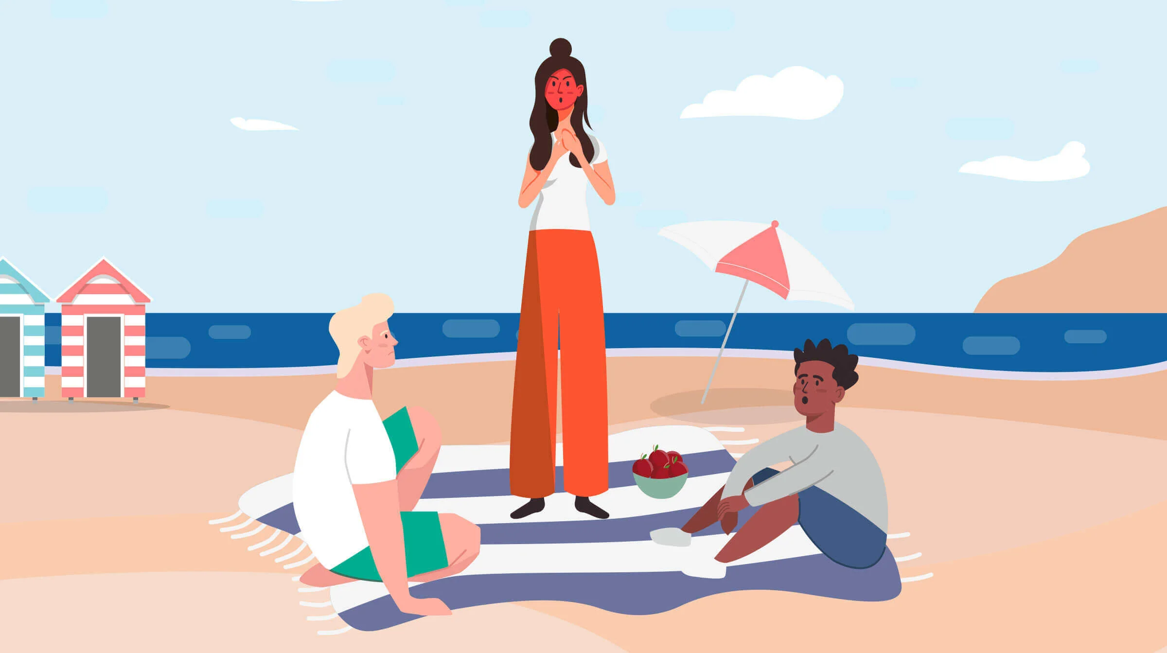Graphic of a beach scene with a woman stood up and is red in the face