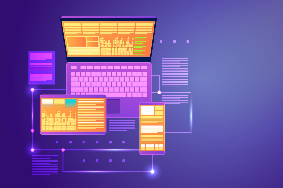 Graphic to visualise API technology with laptop linking to systems