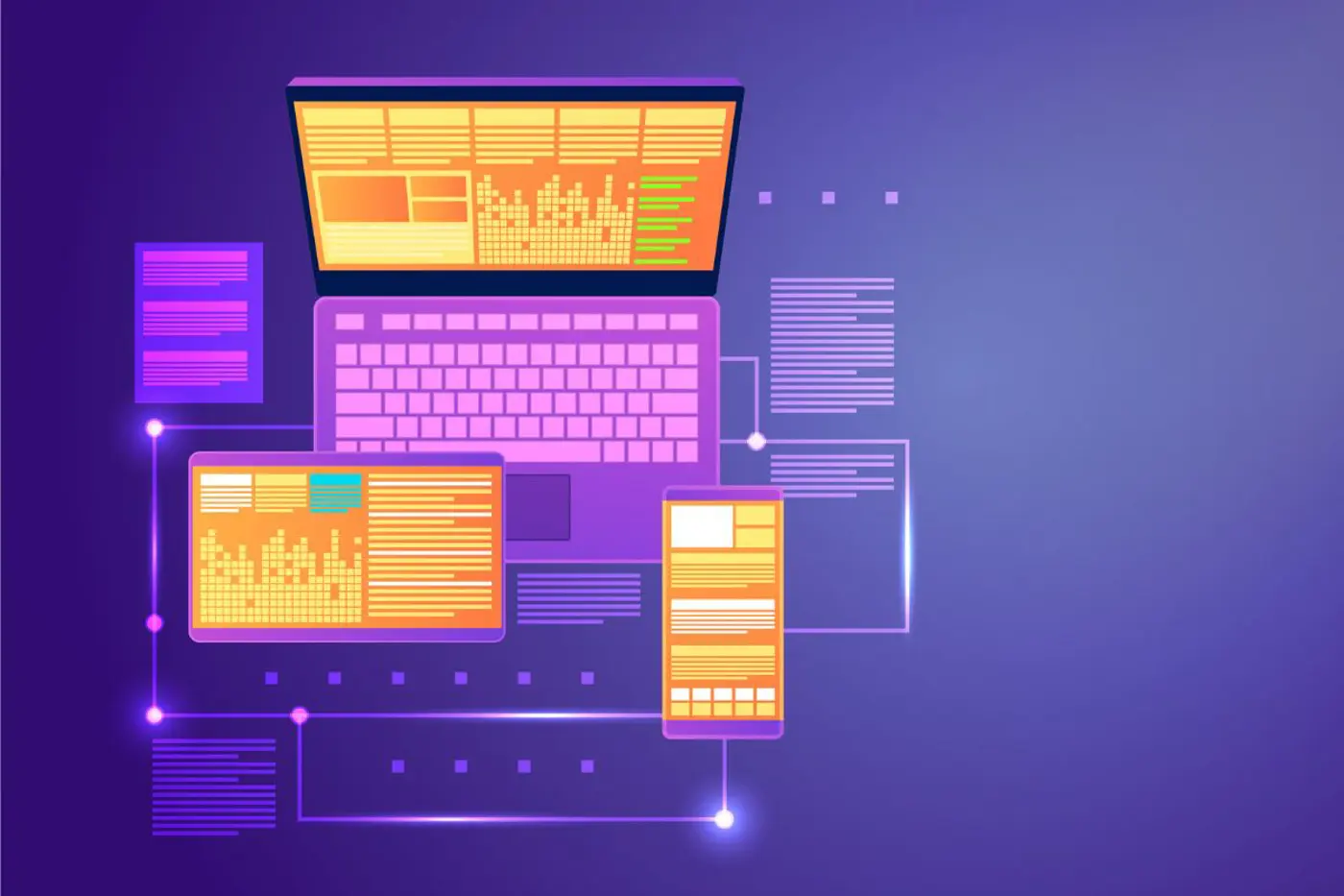 Graphic to visualise API technology with laptop linking to systems