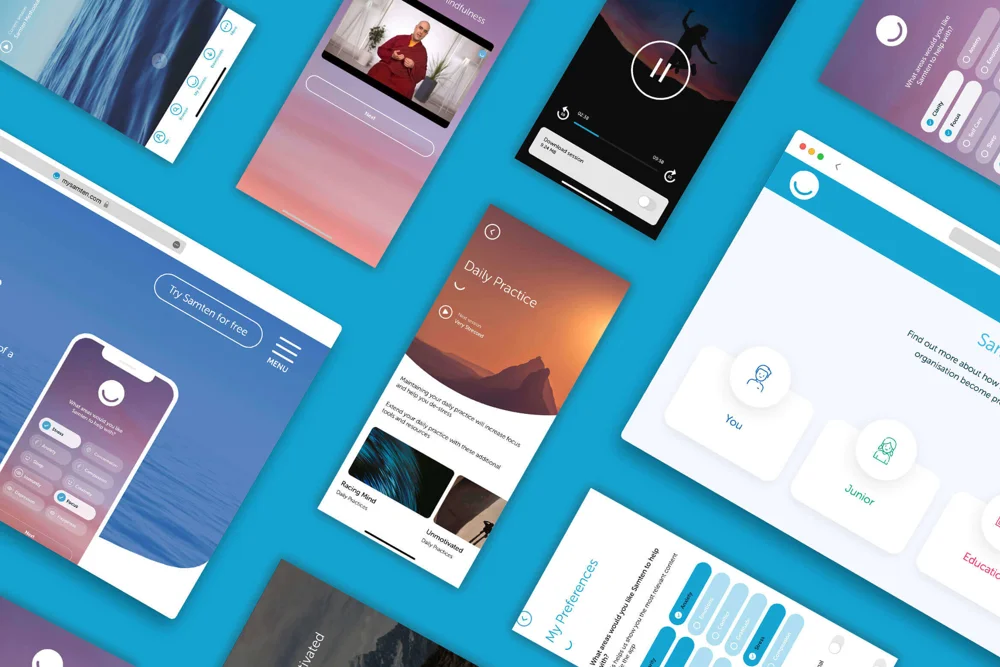 Image of multiple screens of the Samten app and website