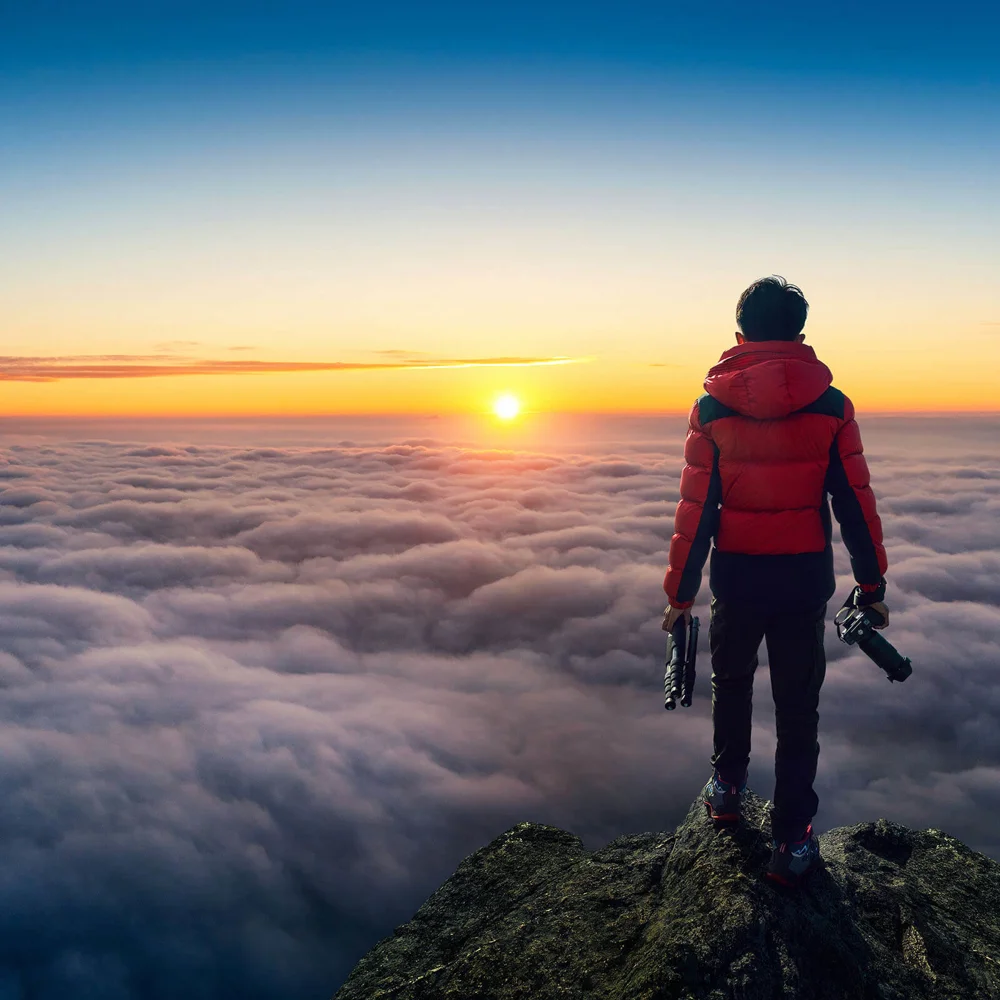 Photographer Hand Holding Camera Standing Viewpoint Clouds