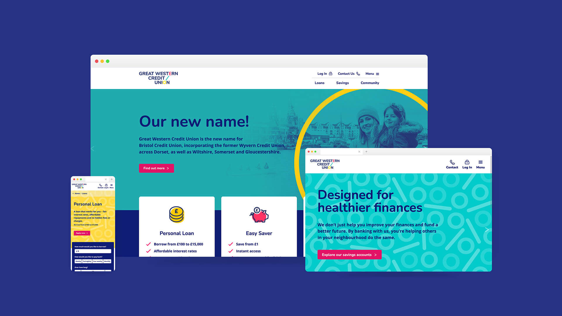 Screenshot of Great Western Credit Union's website showing their rebrand announcement and key financial products including Personal Loans and Easy Saver accounts, displayed across desktop and mobile responsive layouts.