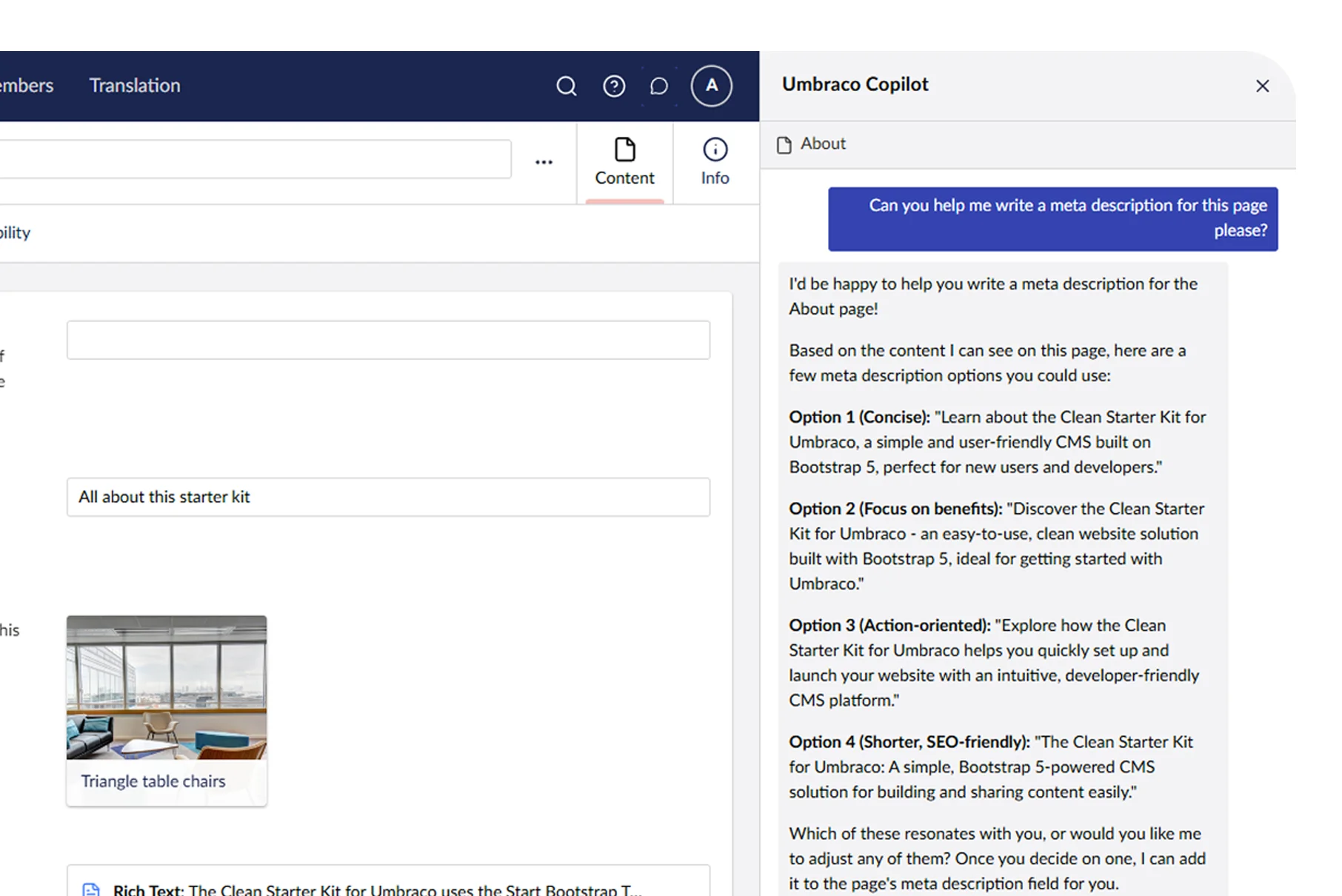 Screenshot of Umbraco Copilot chat interface showing four meta description options for a Clean Starter Kit for Umbraco page, with the AI assistant providing concise, benefit-focused, and SEO-friendly alternatives.