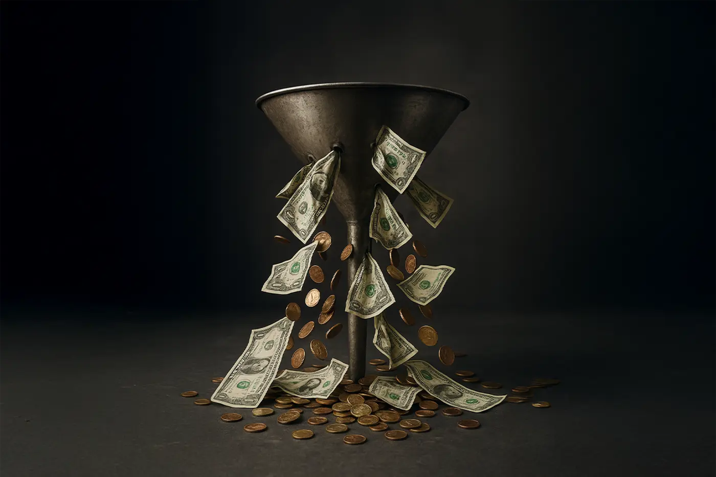 Metal funnel with coins and cash coming out of the holes on dark background.