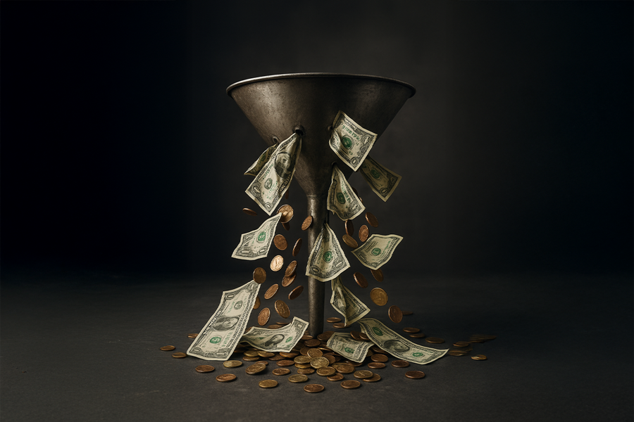 Metal funnel with coins and cash coming out of the holes on dark background.