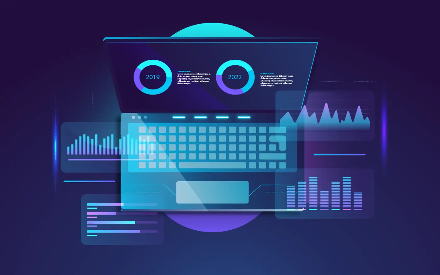 Graphic of laptop with glowing data graphs layered on top