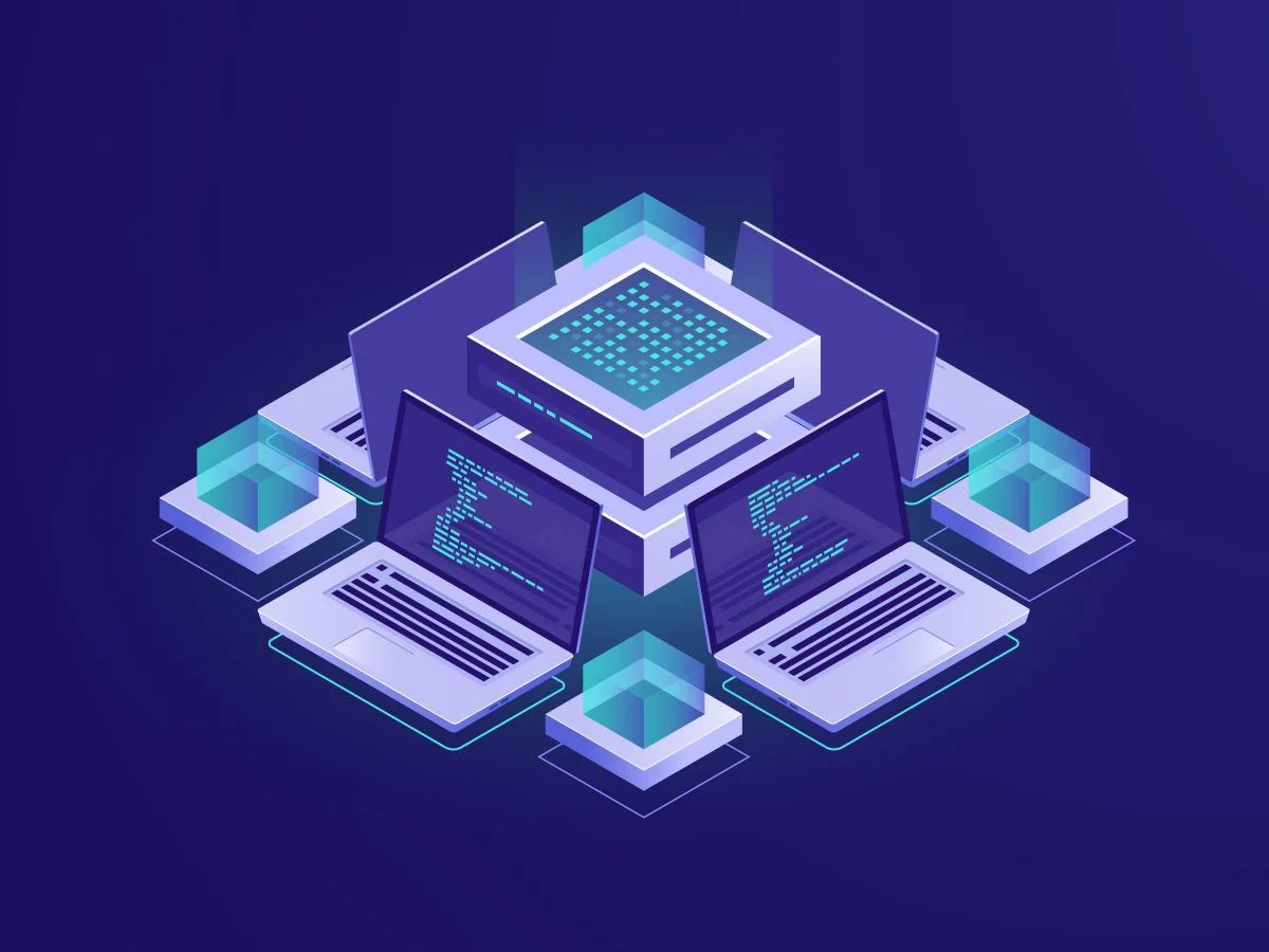 Isometric illustration of multiple laptops connected to a central server, representing a modern tech stack and integrated digital systems.