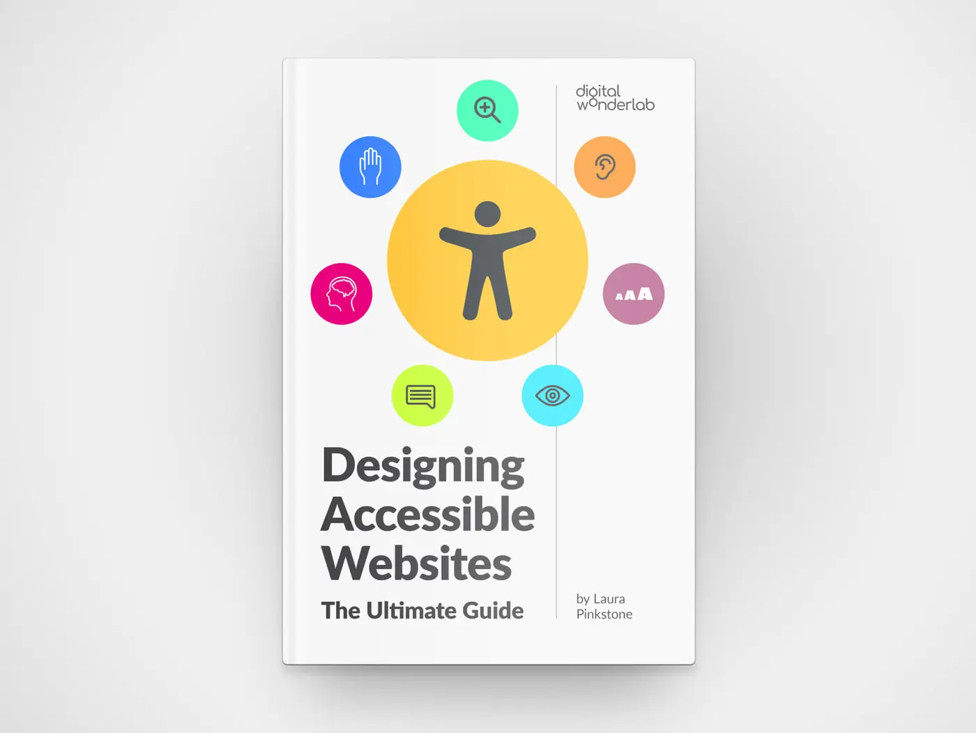 Book with 'Designing Accessible Website: The Ultimate Guide' and accessibility icons