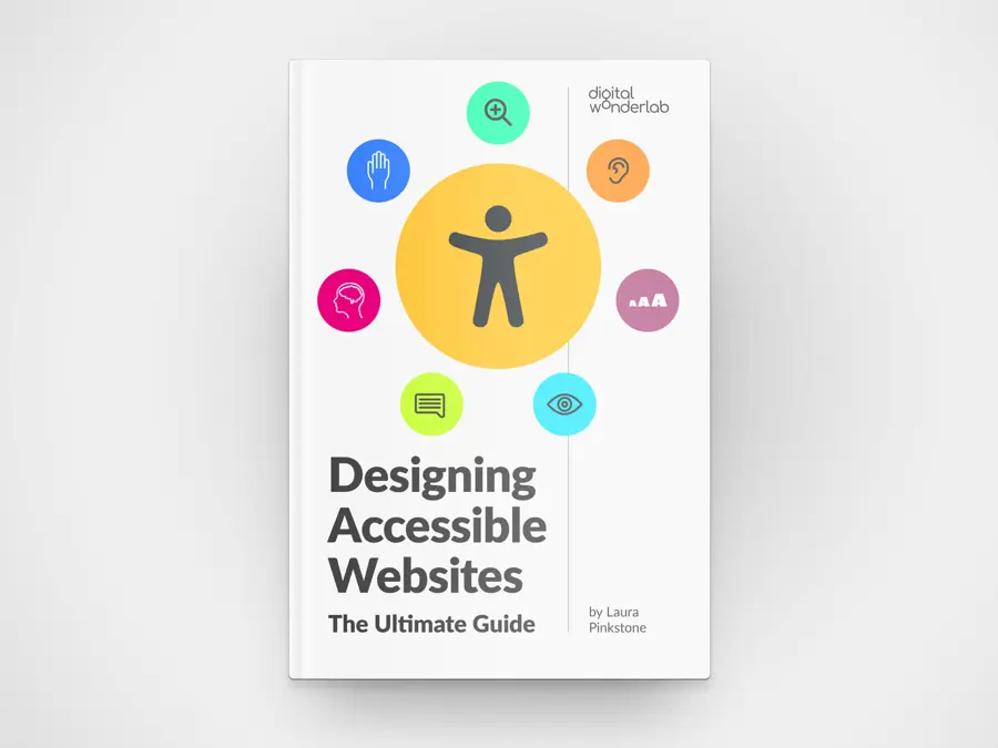 Book with 'Designing Accessible Website: The Ultimate Guide' and accessibility icons