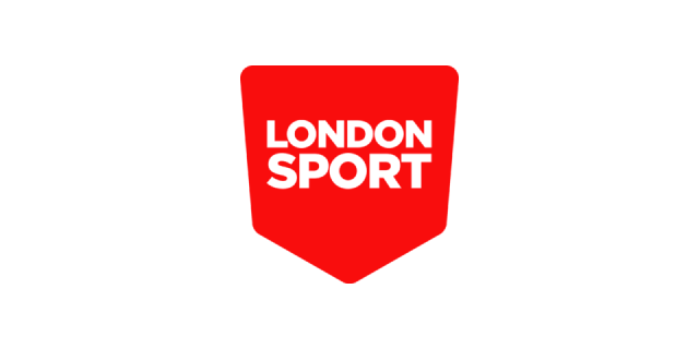 London Sport logo featuring red shield-shaped badge with white text on transparent background.