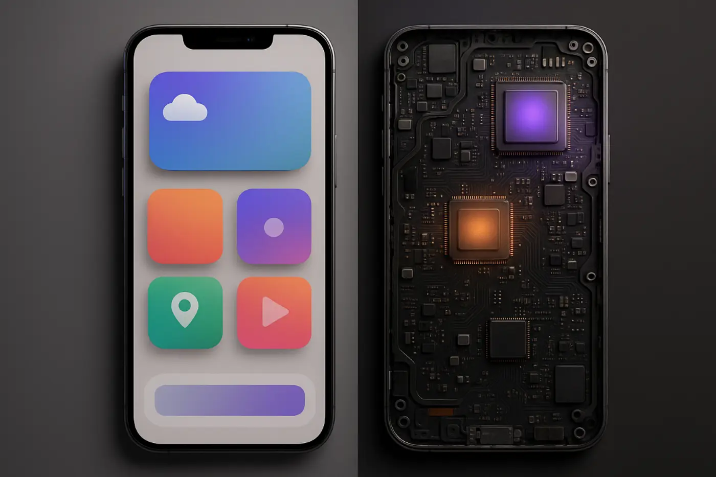 On the left, a sleek modern mobile phone showing a colourful app interface with clean UI elements on its screen. On the right, the back of the same phone is open to reveal detailed inner hardware — glowing chips, circuit boards, processors and wires. 