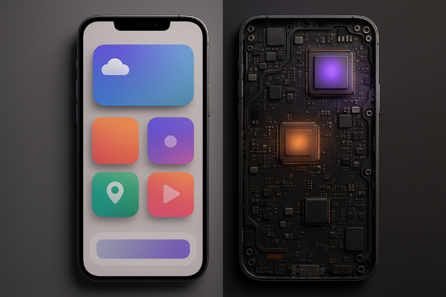 On the left, a sleek modern mobile phone showing a colourful app interface with clean UI elements on its screen. On the right, the back of the same phone is open to reveal detailed inner hardware — glowing chips, circuit boards, processors and wires.