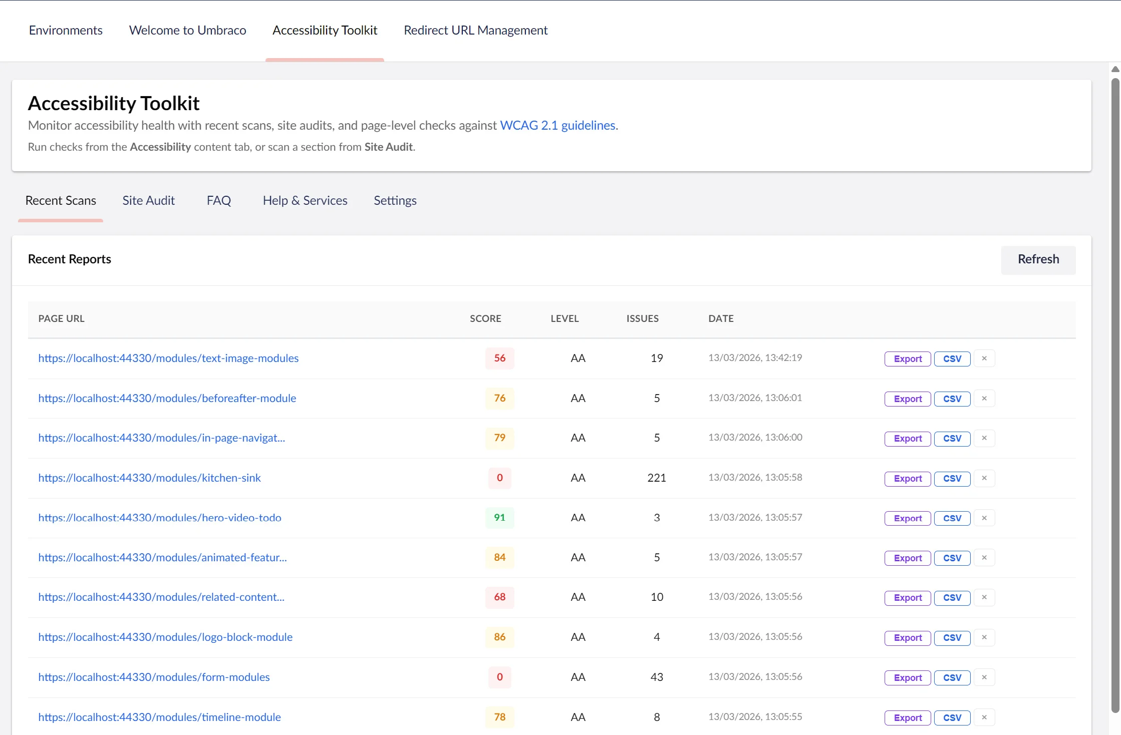 Screenshot of the Accessibility Toolkit interface showing a table of recent accessibility scan reports for various page modules, with columns displaying page URLs, accessibility scores, compliance levels, number of issues, and scan dates along with export options.