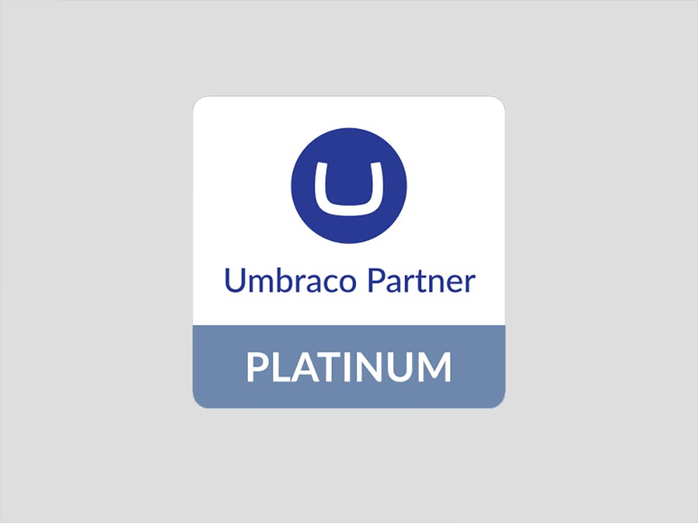 Umbraco Partner Platinum badge featuring a blue circle with a "U" logo above the text "Umbraco Partner" and a blue banner displaying "PLATINUM" at the bottom.