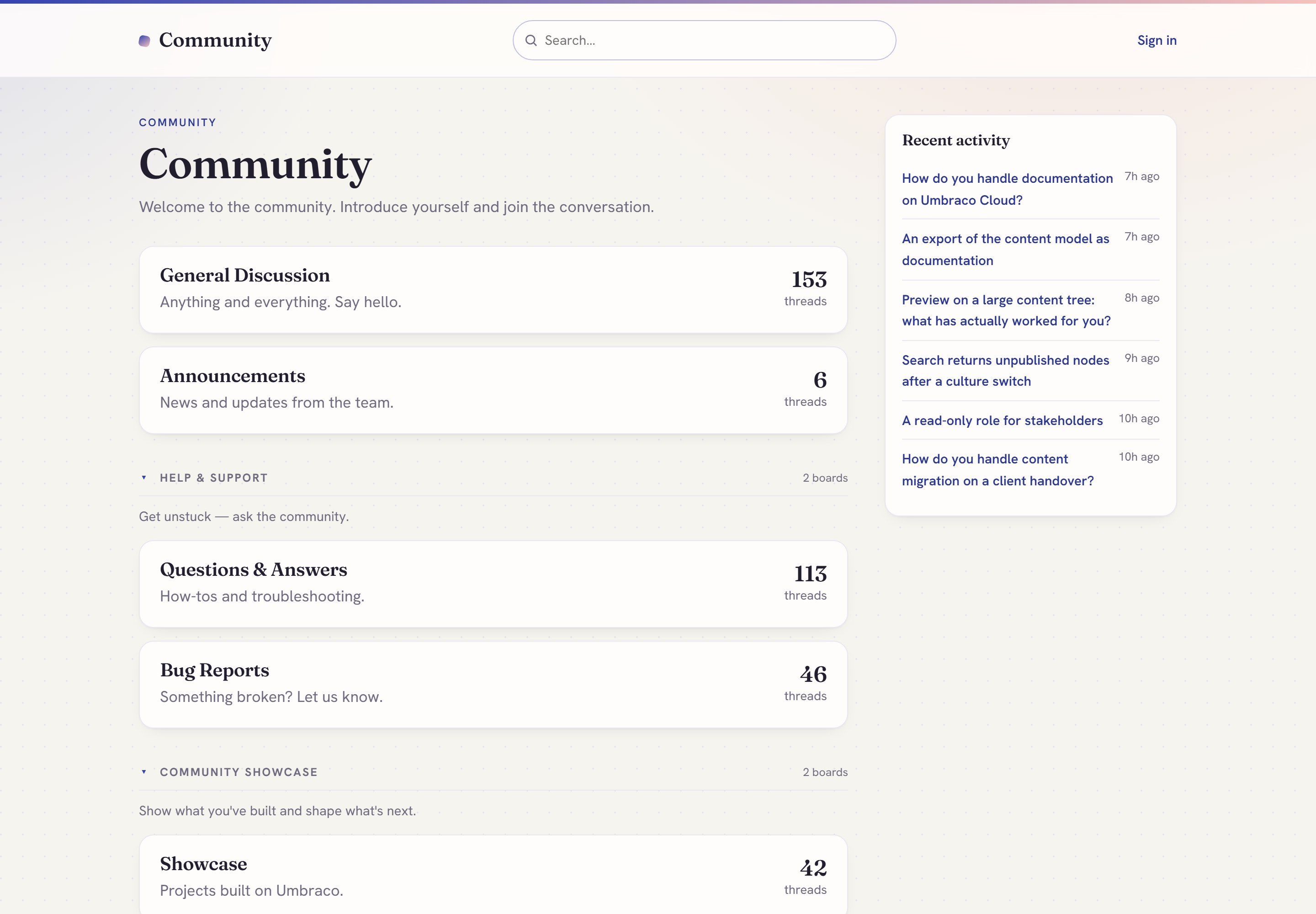 The forum home page