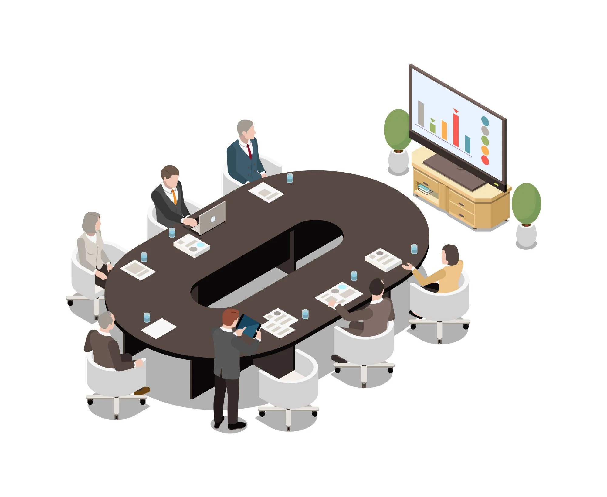 An isometric illustration of a diverse team of business professionals seated around a large conference table during a meeting, with data charts and analytics displayed on a monitor in the background.