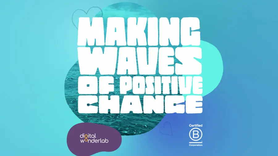 Making waves of positive change overlayed on water with Certified B Corporation logo
