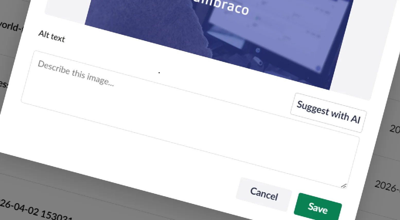 A dialog box for adding alternative text to an image, featuring a text input field labeled "Describe this image..." with a "Suggest with AI" button, along with "Cancel" and "Save" action buttons at the bottom.