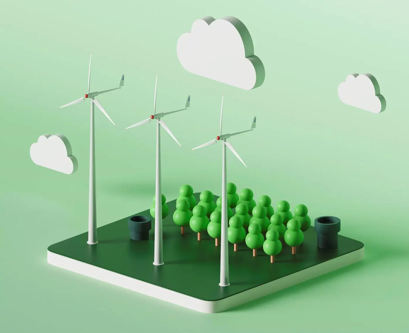 3D graphic wind turbines with trees behind