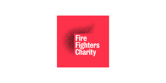 Fire Fighters Charity logo featuring white text on a red square background with a stylized dispersing flame graphic element.