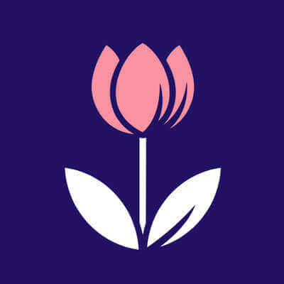 A minimalist illustration of a pink tulip with white leaves on a dark blue background, featuring clean lines and a modern design aesthetic.