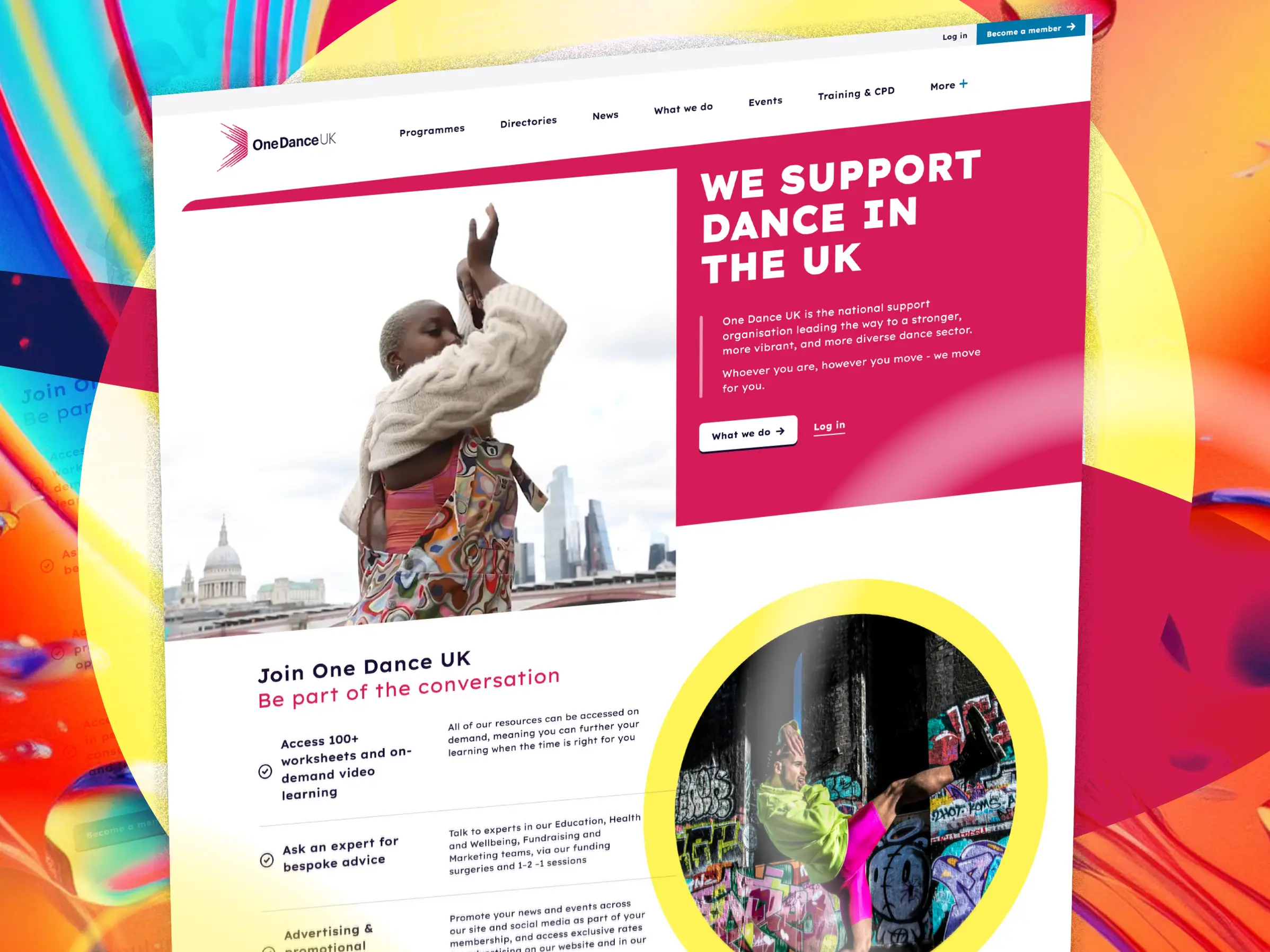 One Dance UK website on colourful background