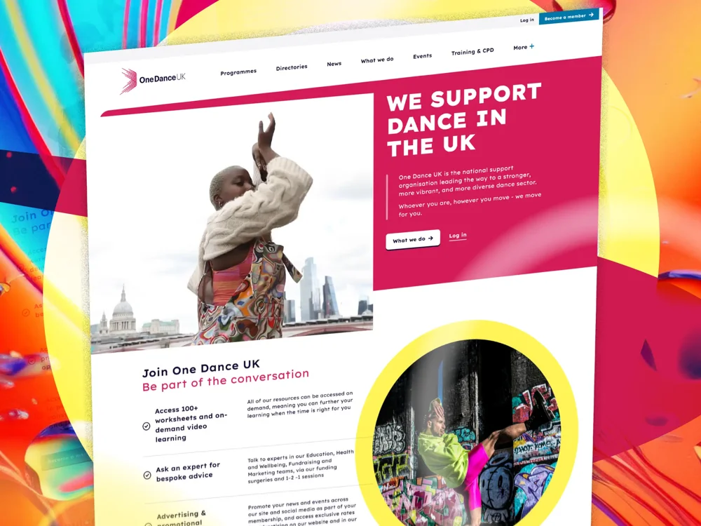 One Dance UK website on colourful background