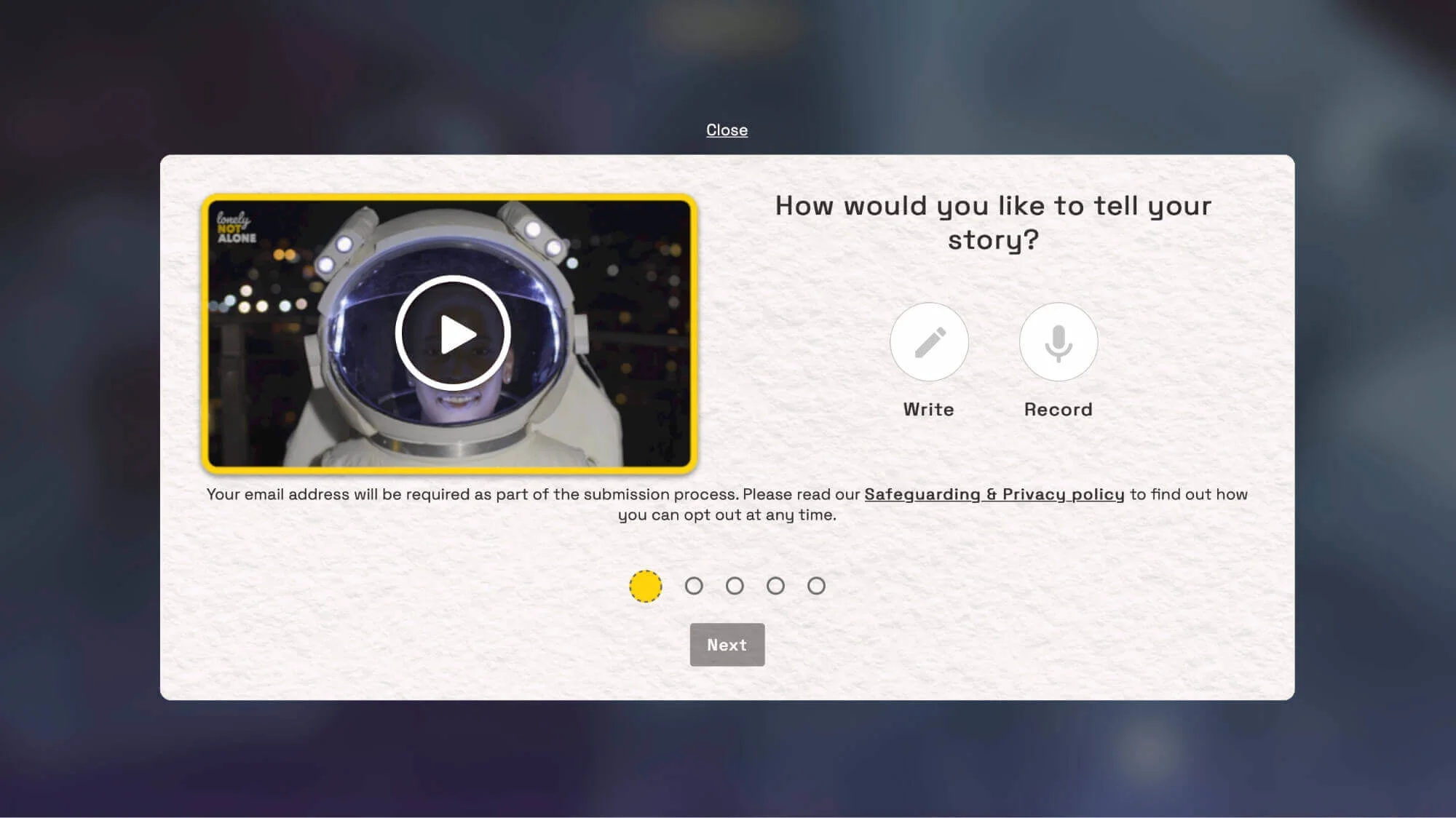 Screen from Lonely Not Alone showing intro to writing your story