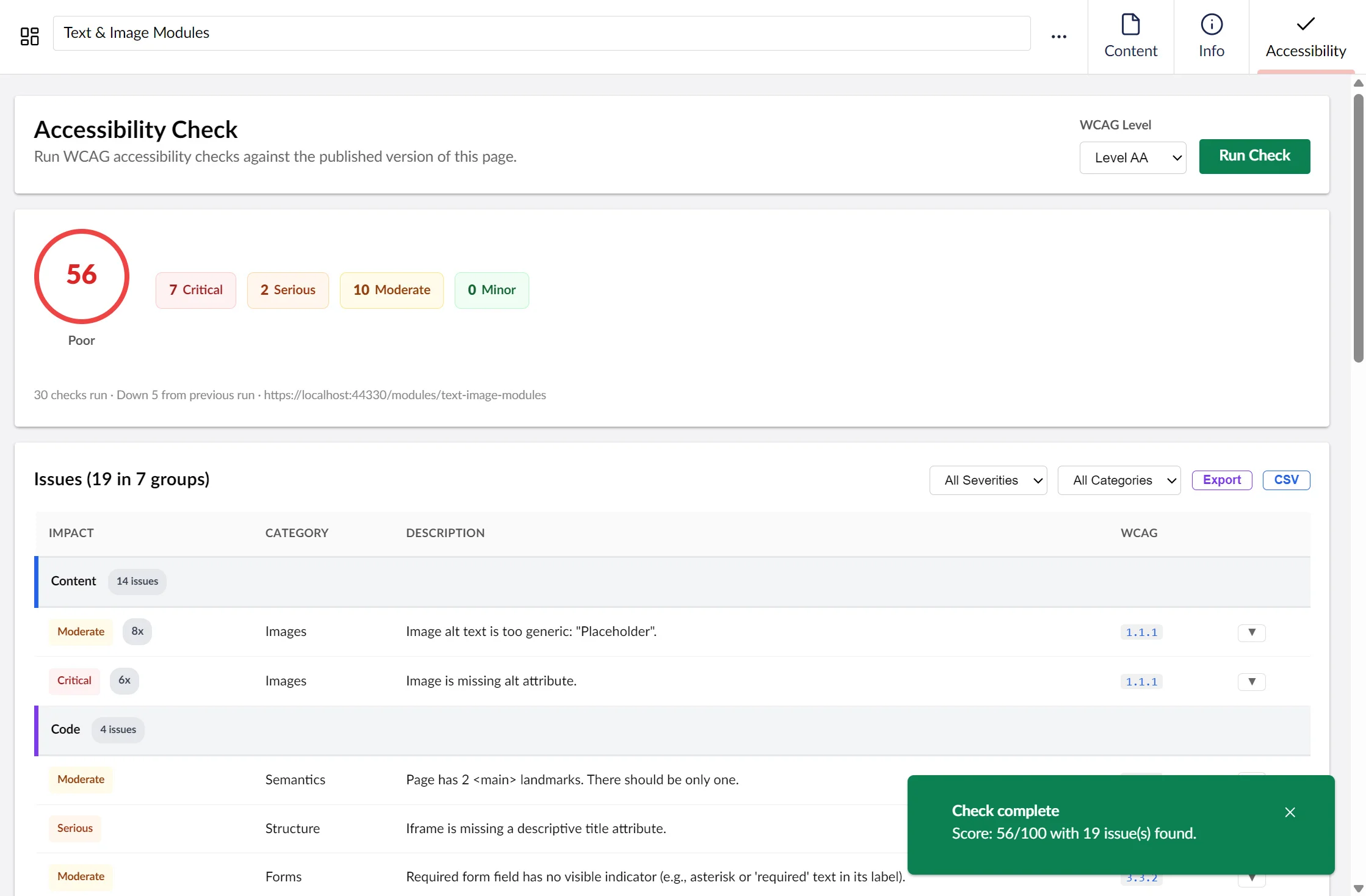 WCAG accessibility check results showing a score of 56 (Poor) with 7 critical issues, 2 serious issues, 10 moderate issues, and 0 minor issues identified across content, code, and other categories.