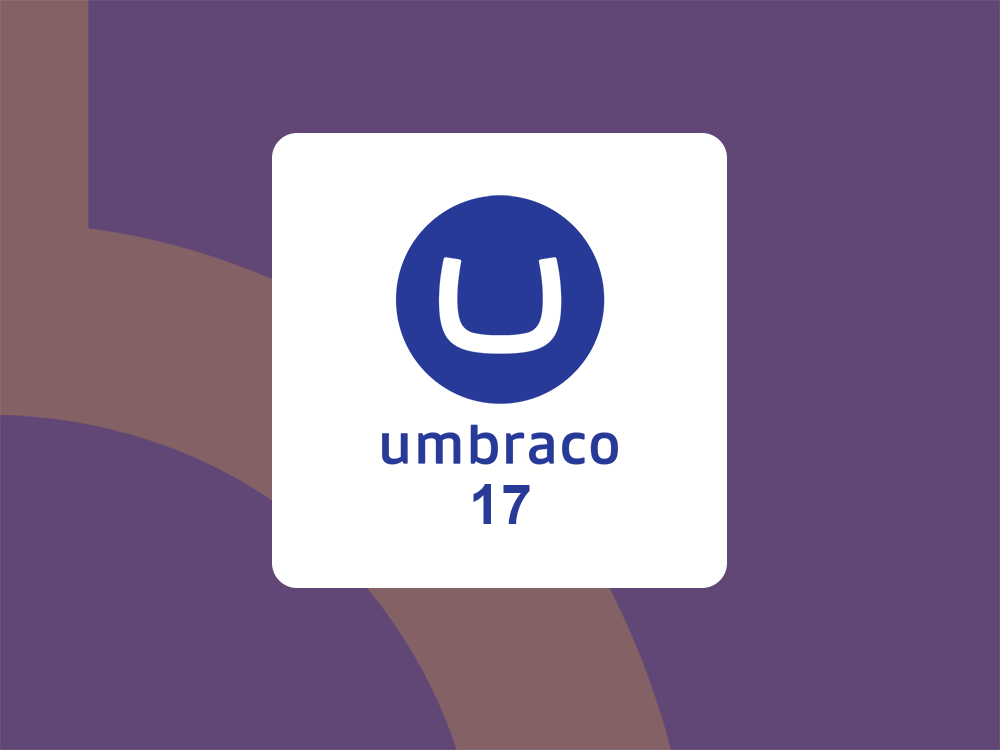 Umbraco 17 logo featuring a white rounded square card with a blue circle containing a stylized "U" symbol and the text "umbraco 17" displayed below on a purple gradient background.
