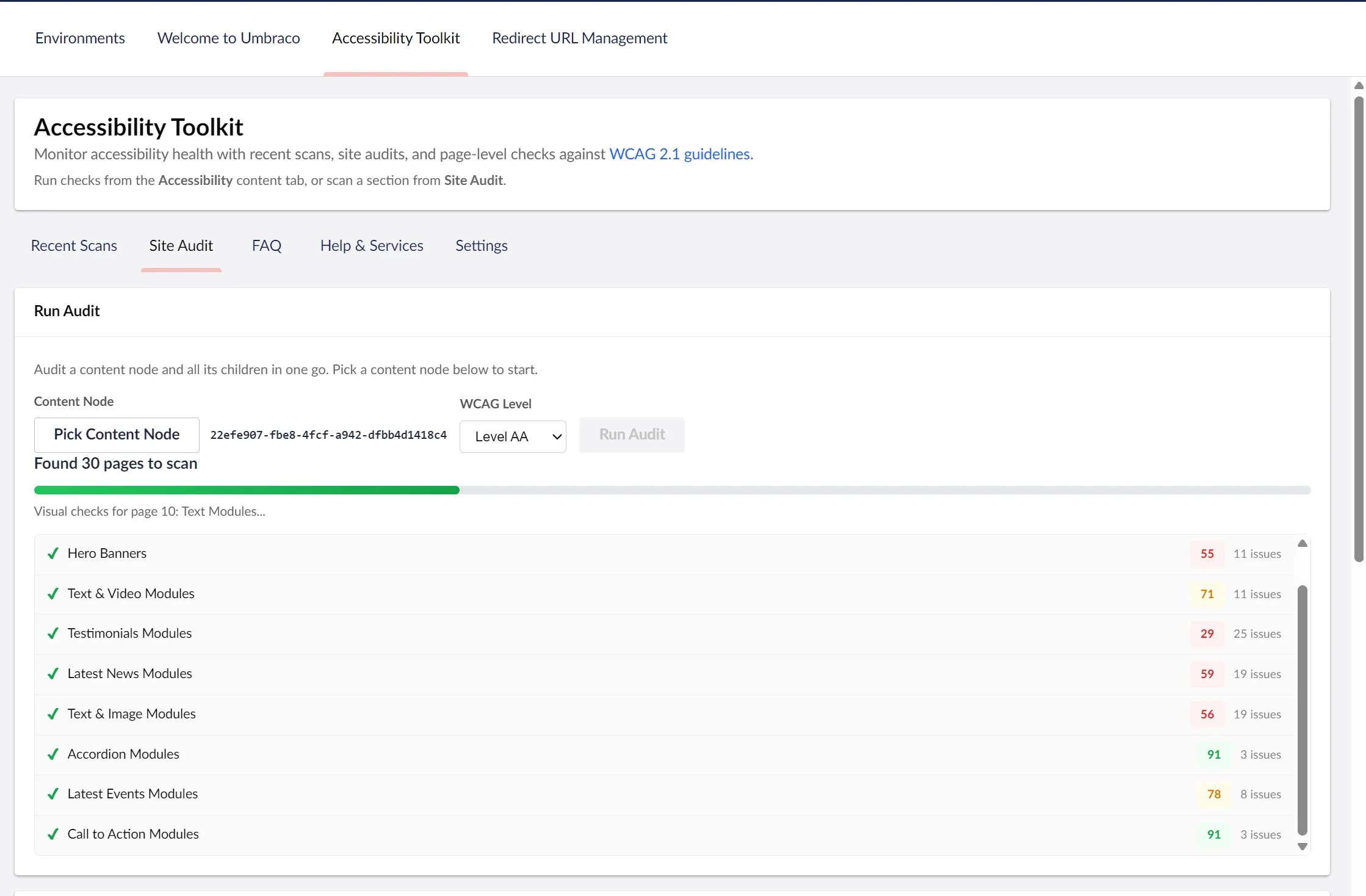 Screenshot of the Umbraco Accessibility Toolkit Site Audit page showing accessibility scan results for 30 pages across various content modules, with visual checks displaying scores and issue counts for components like Hero Banners, Text & Video Modules, and Testimonials Modules.