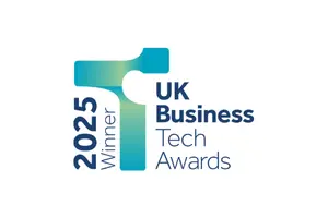 UK Business Tech Awards 2025 Winner logo featuring a blue and teal geometric design with the award year and title text.