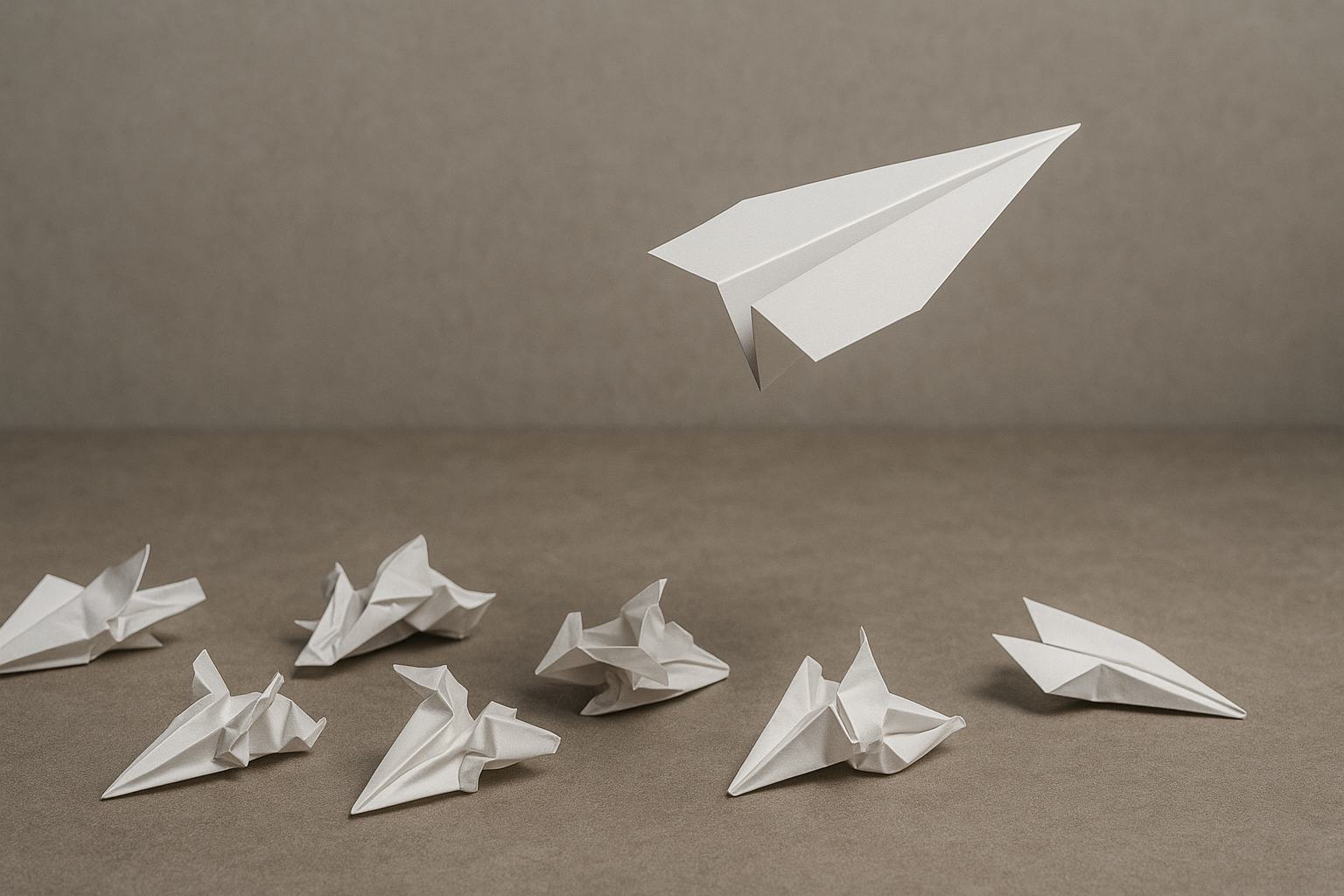 Paper plane flying above failed paper planes on the ground, symbolising successful startup idea validation through rapid prototyping and MVP design.