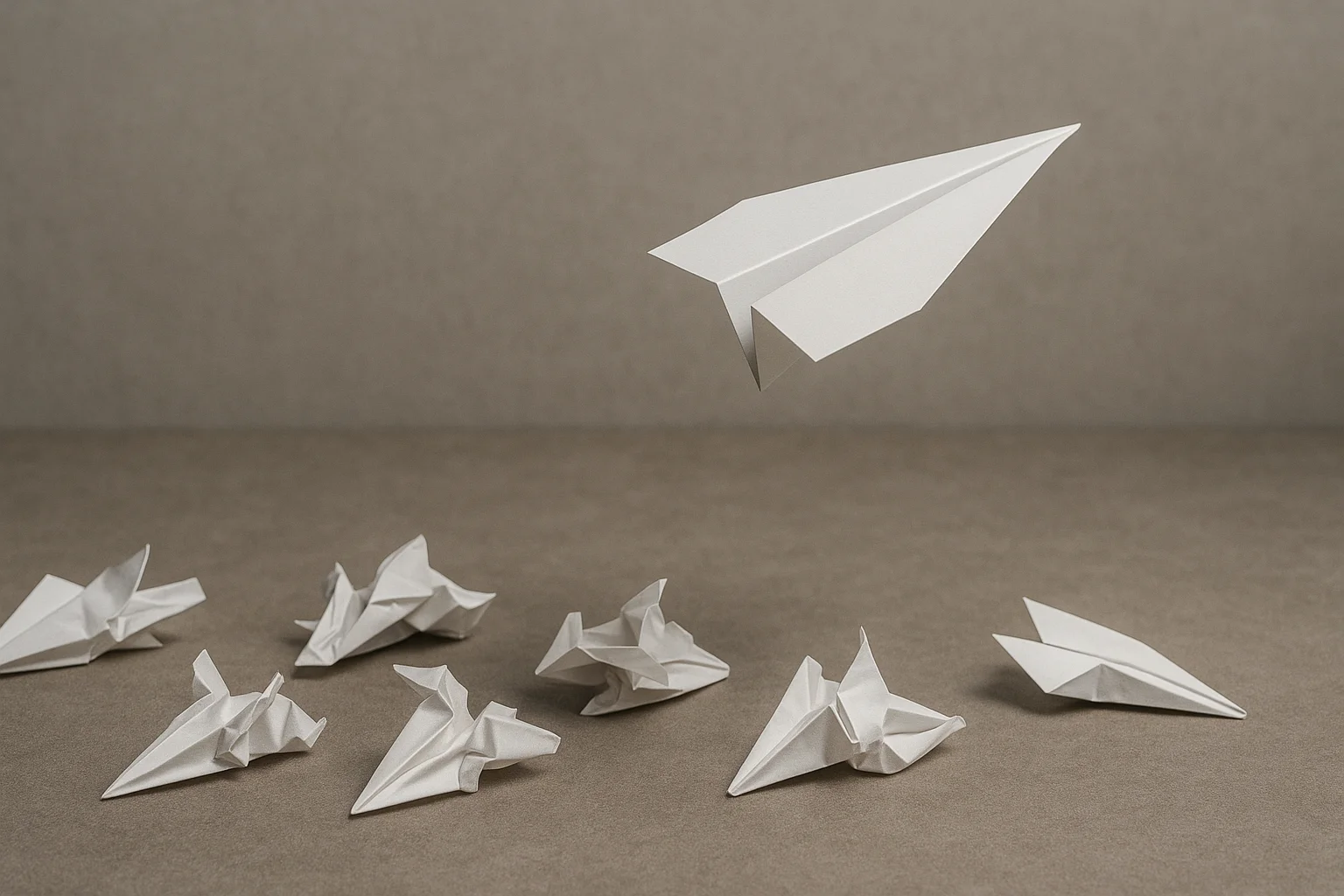 Paper plane flying above failed paper planes on the ground, symbolising successful startup idea validation through rapid prototyping and MVP design.