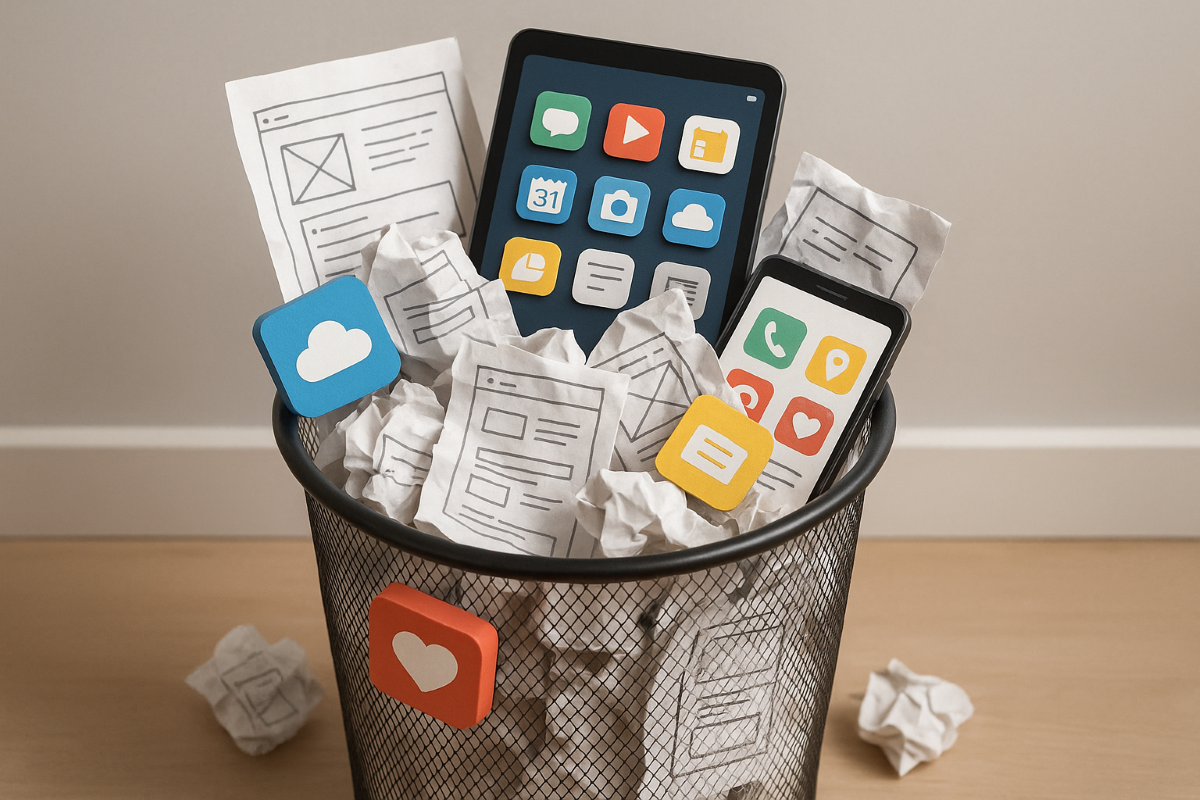 Bin overflowing with failed digital products, including discarded app icons and website wireframes, representing the importance of UX research, prototyping, and digital strategy.