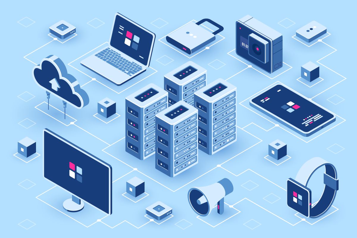Isometric illustration of a digital ecosystem showing interconnected devices including servers, laptops, smartphones, tablets, cloud storage, and wearables connected through a network, representing cloud computing and data infrastructure.