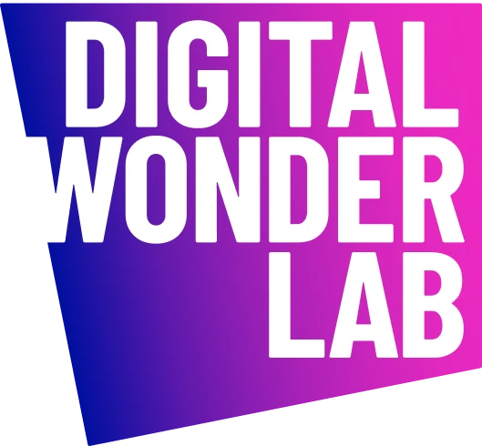 Logo for Digital Wonder Lab featuring bold white text on a vibrant purple and pink gradient background with a geometric trapezoid shape design.
