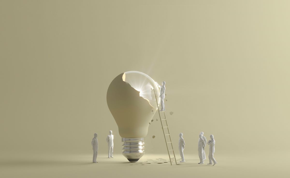 Human Figurines Using Ladder Reach Cracked Lightbulb