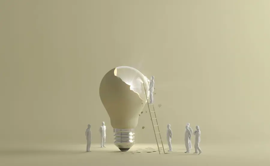Human Figurines Using Ladder Reach Cracked Lightbulb