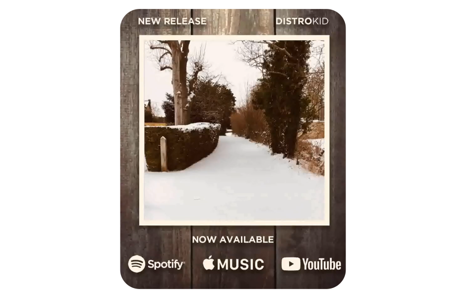A promotional graphic for a new music release by Distrokid, featuring a snowy winter landscape with bare trees and hedges lining a white pathway. The image indicates the music is now available on Spotify, Apple Music, and YouTube.