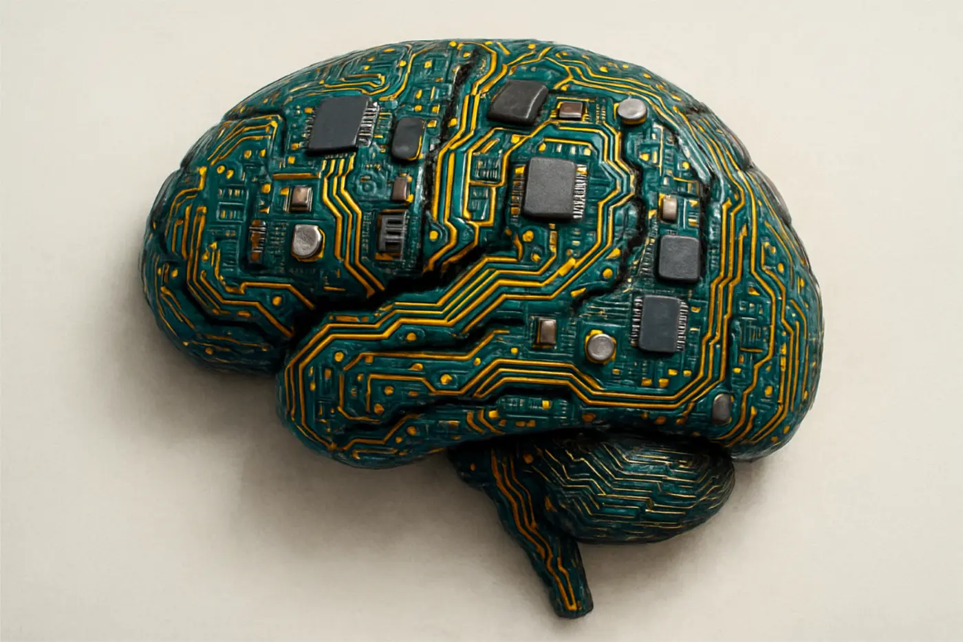 A human brain shape filled with electronic circuits, showing that AI is human-guided intelligence.