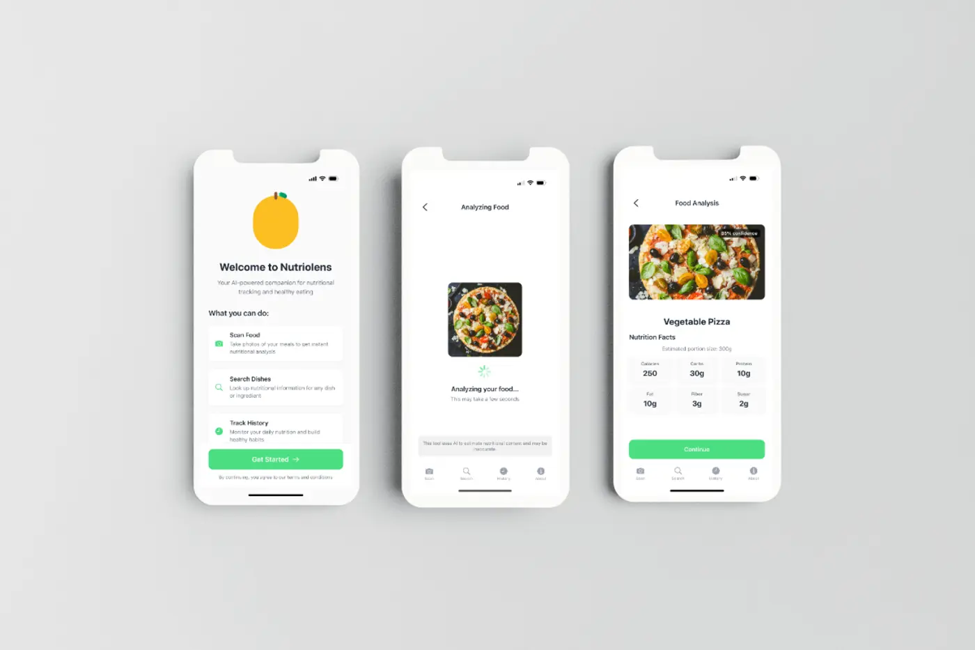 Three smartphone screens displaying the Nutriolens app, an AI-powered nutrition tracker. The first screen shows the welcome page with options to scan food, search dishes, and track history. The second screen displays the food analysis process for a pizza image. The third screen shows the nutritional breakdown of "Vegetable Pizza," including calories, carbs, protein, fat, fiber, and sugar content. The app features a clean, modern interface with green action buttons and intuitive navigation.