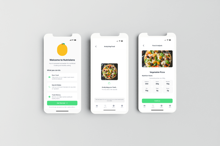 Three smartphone screens displaying the Nutriolens app, an AI-powered nutrition tracker. The first screen shows the welcome page with options to scan food, search dishes, and track history. The second screen displays the food analysis process for a pizza image. The third screen shows the nutritional breakdown of "Vegetable Pizza," including calories, carbs, protein, fat, fiber, and sugar content. The app features a clean, modern interface with green action buttons and intuitive navigation.