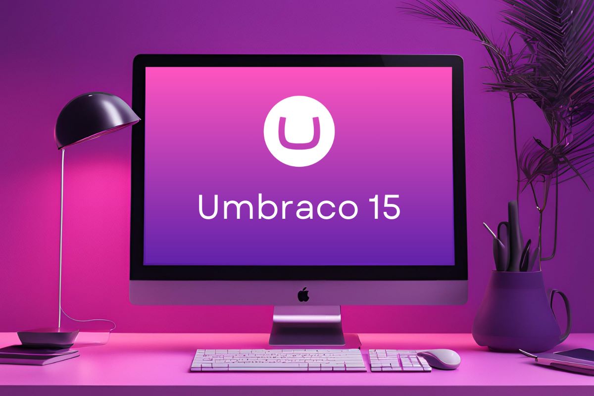 Desk with computer with Umbraco 15 on screen