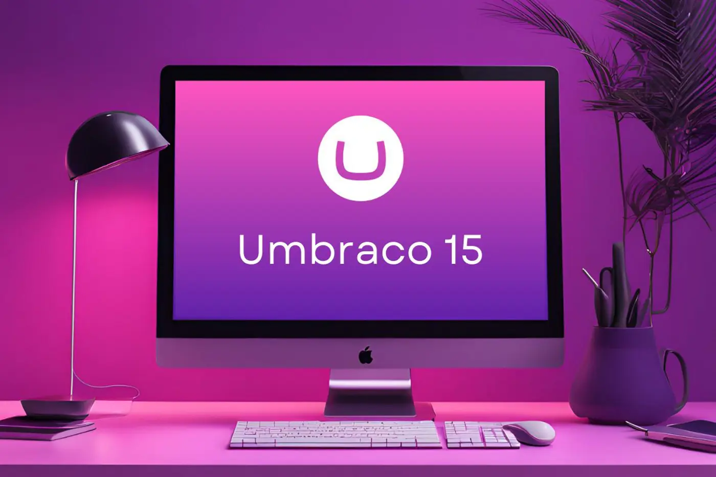 Desk with computer with Umbraco 15 on screen