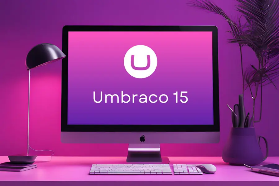 Desk with computer with Umbraco 15 on screen